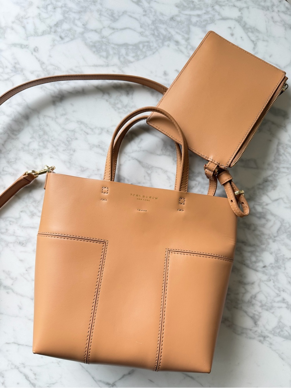 Tory Burch Camel Tan Leather Tote with Detachable Pouch